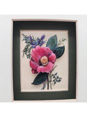 Floral 3D Framed Artwork With Pink Flower & Green Border Handcrafted 1.75"x2.25"